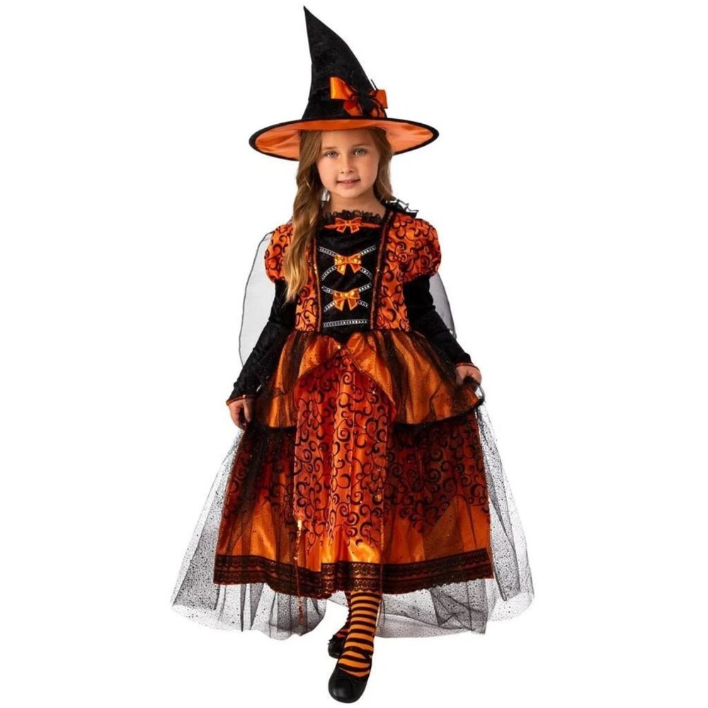 Witch Costume 3 Piece Set Tulle Dress Hat Cape GIRLS SIZE S 6-6X  Orange NEW